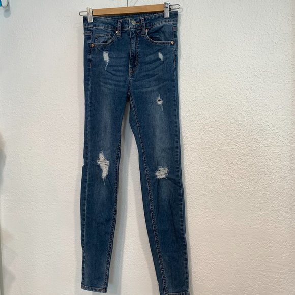 Wild Fable Highest Rise Skinny Jeans Blue Stretch Distressed Holes 24x28 Size 00 - Picture 5 of 10